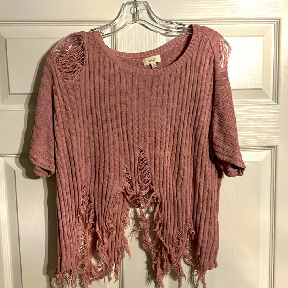 Distressed pink crop sweater